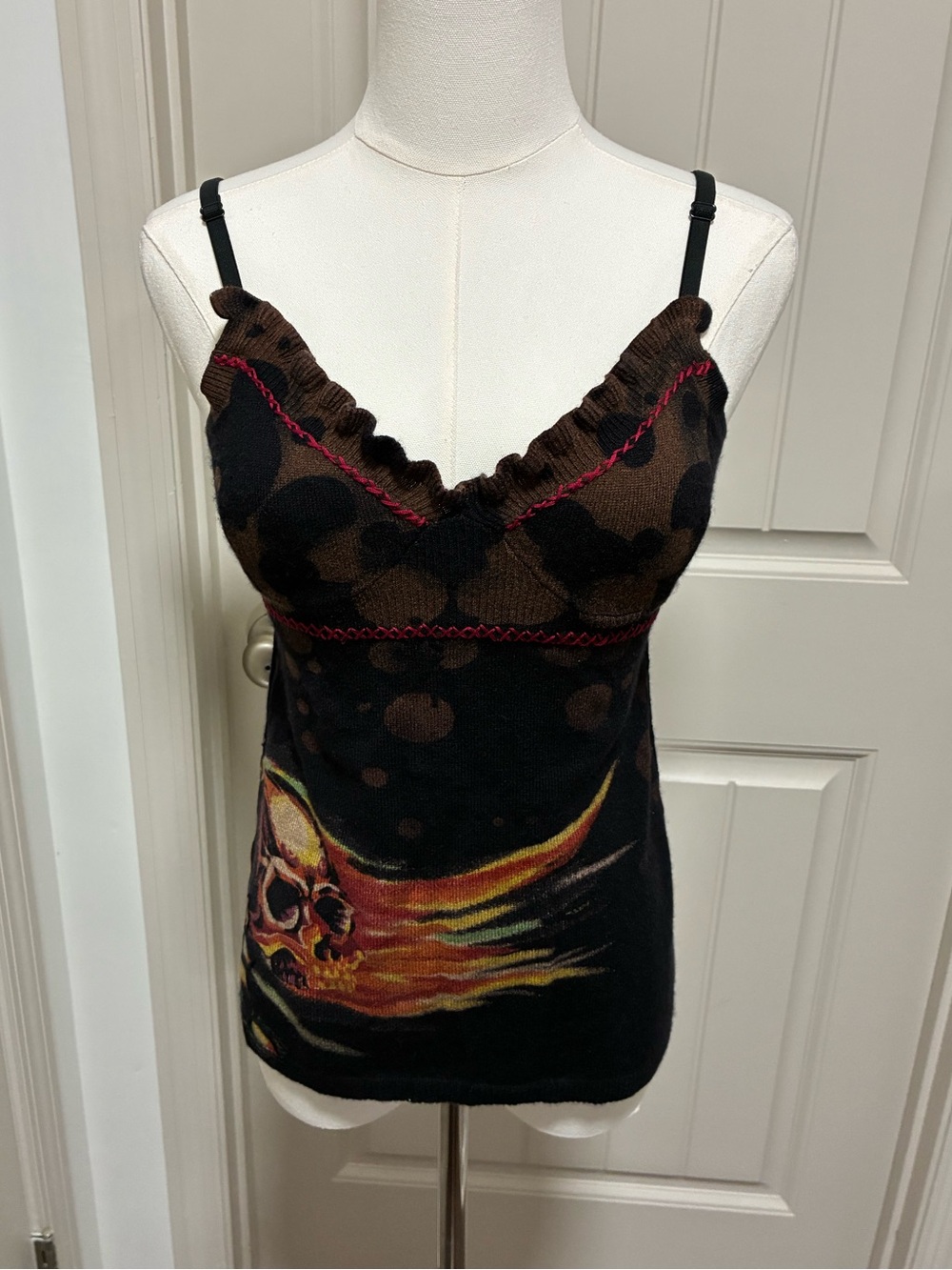 Raw 7 vintage Y2K 100% cashmere Black & Brown Graphic Skull Cami Tank Top